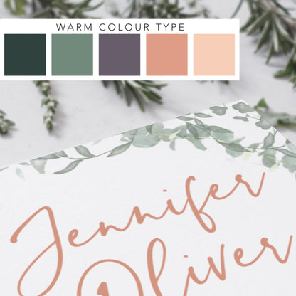 'Greenery' wedding stationery in 'warm' colour scheme