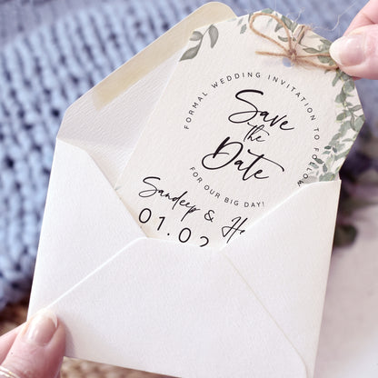 'Greenery' wedding save the date card with white envelope