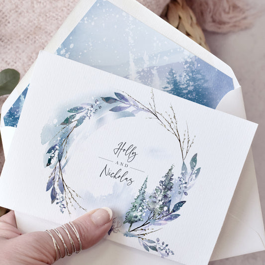 Blue & purple Winter wedding invitations 