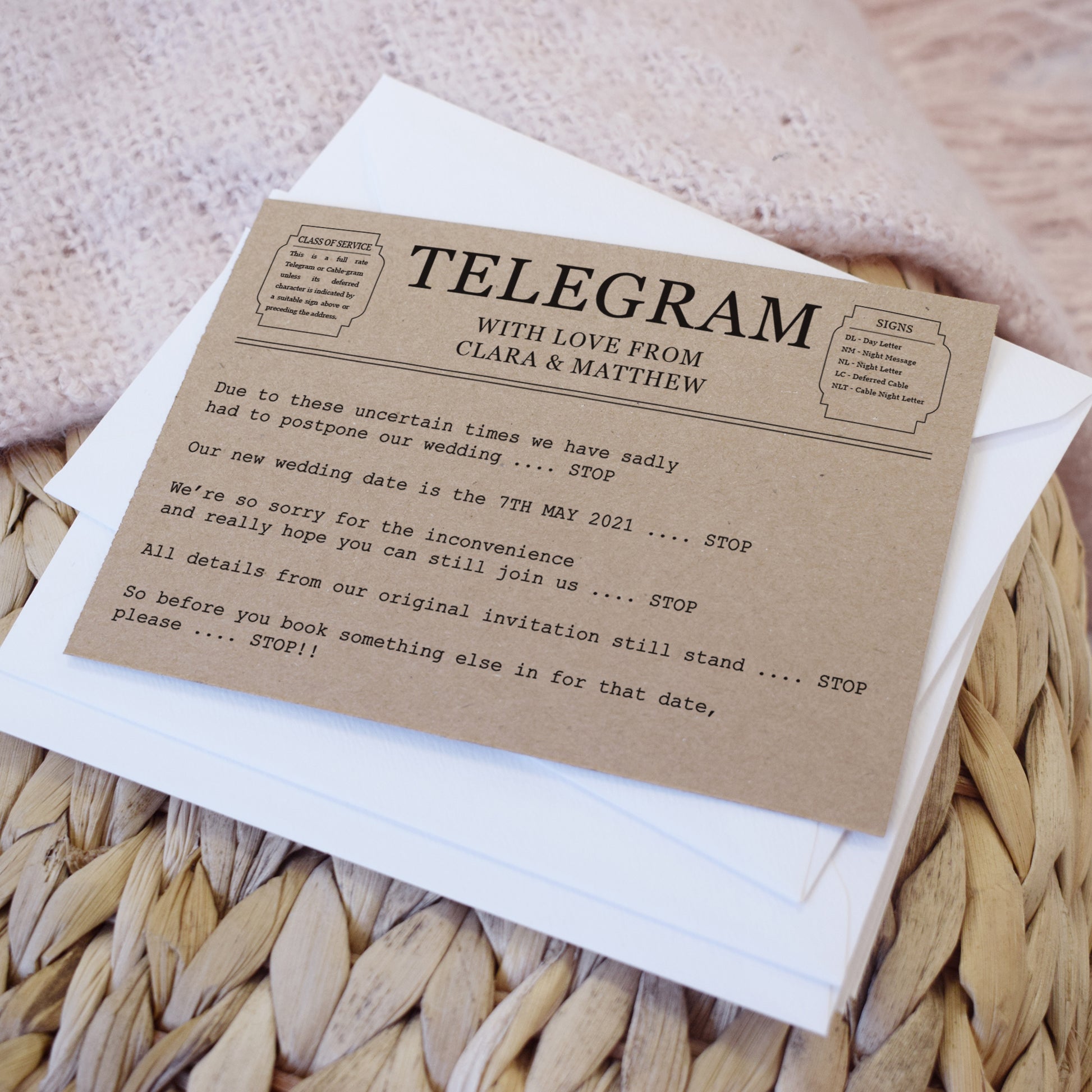 Wedding Telegram Wedding Change the Date Cards