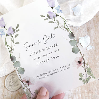 Vellum Periwinkle Floral Wedding Save the Date Cards