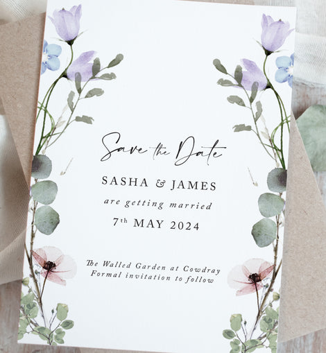 Periwinkle Floral A6 Save the date cards