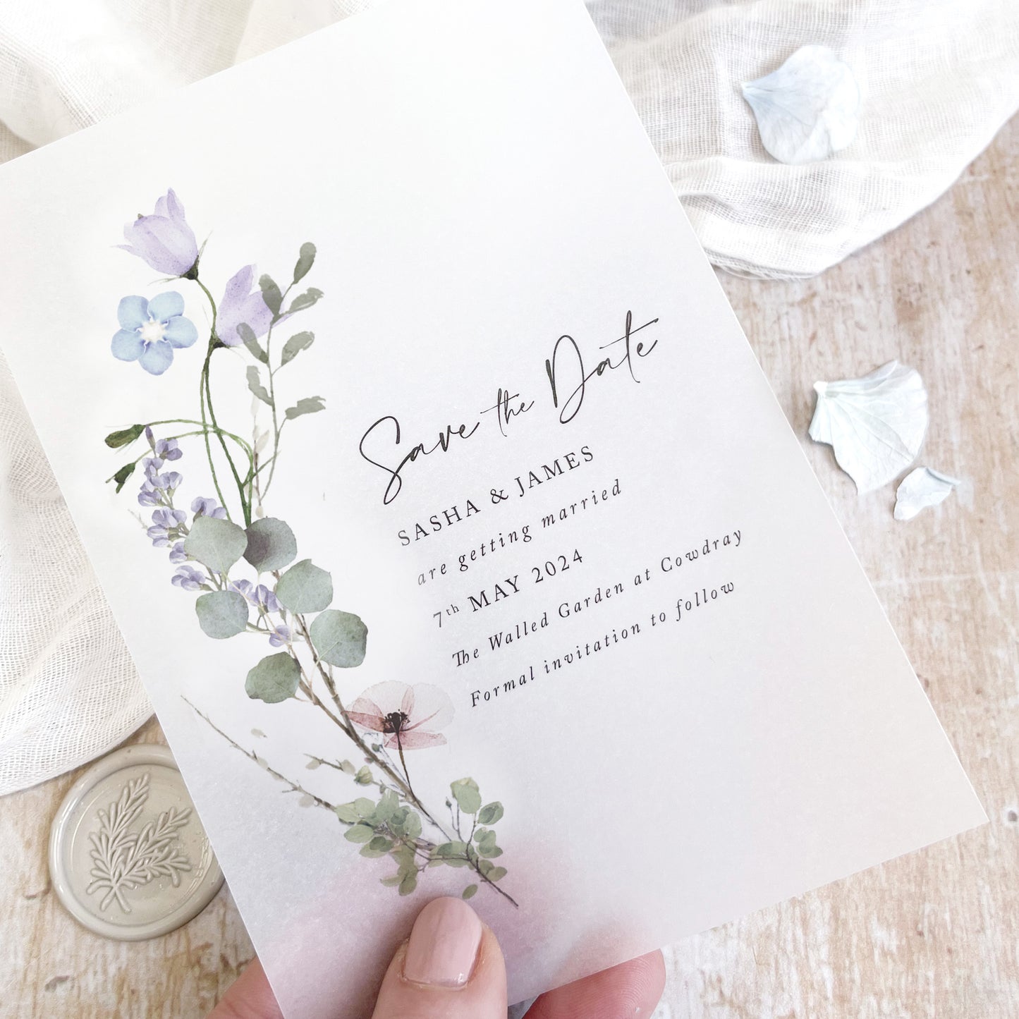 Vellum Periwinkle A6 Save the date cards