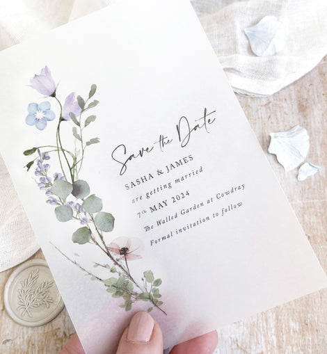 Vellum Periwinkle A6 Save the date cards