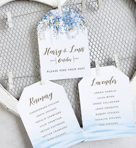 'Whimsical Coast' wedding seating plan cards