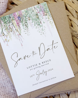 Spring save the date cards for a boho wedding theme