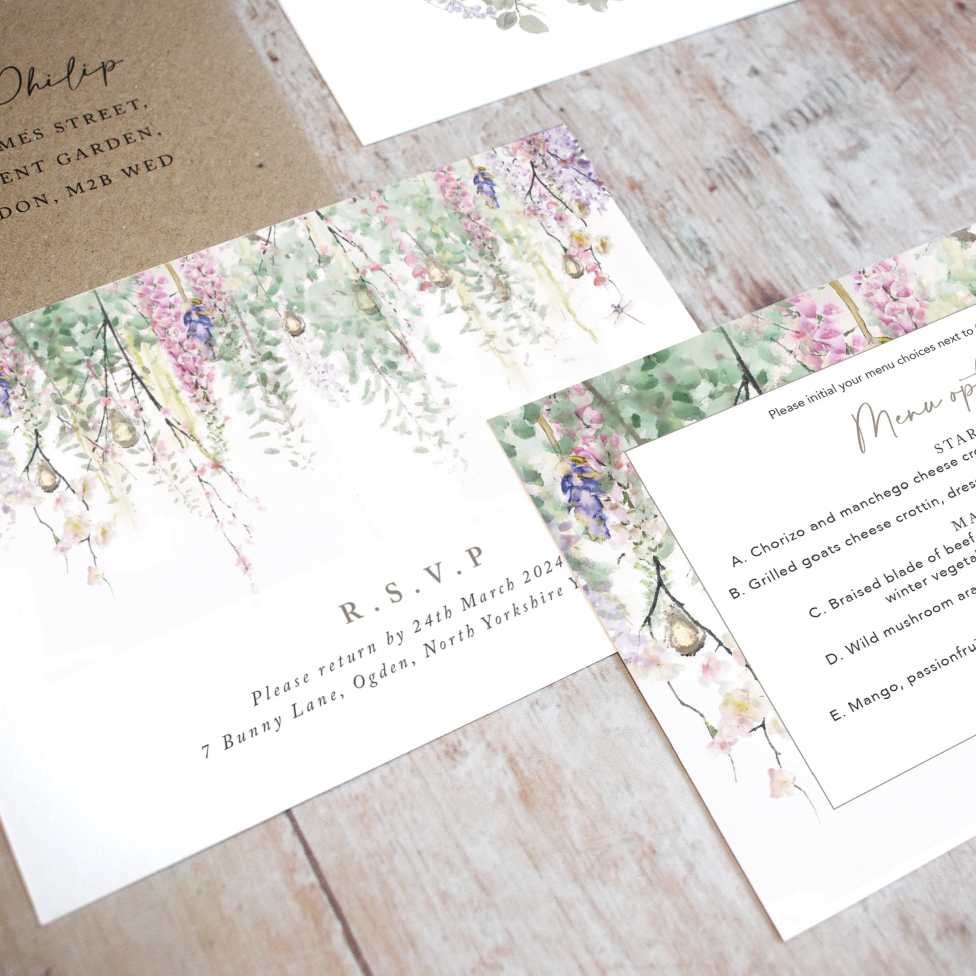 RSVP cards with menu choices for a rustic wedding