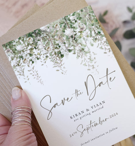 Save the Date cards featuring greenery