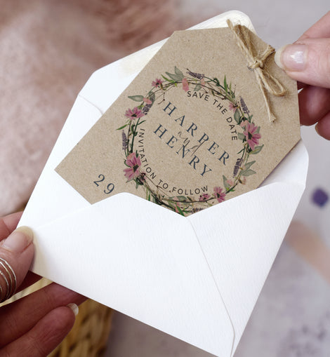 'Whisper Kraft' Save the date cards for a rustic wedding
