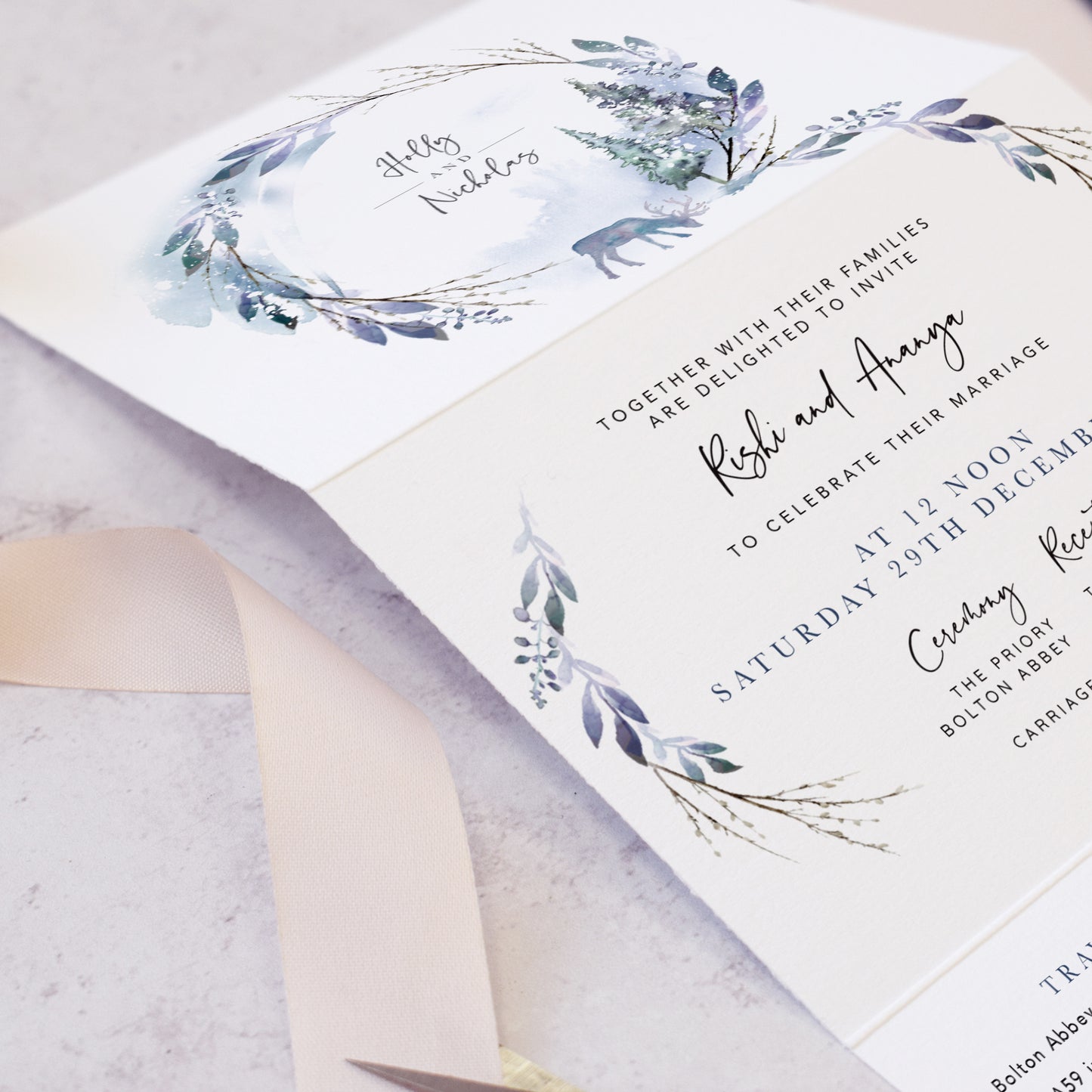 winter florals and woodland on Winter wedding invites