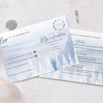 Menu choices on winter wedding RSVP cards