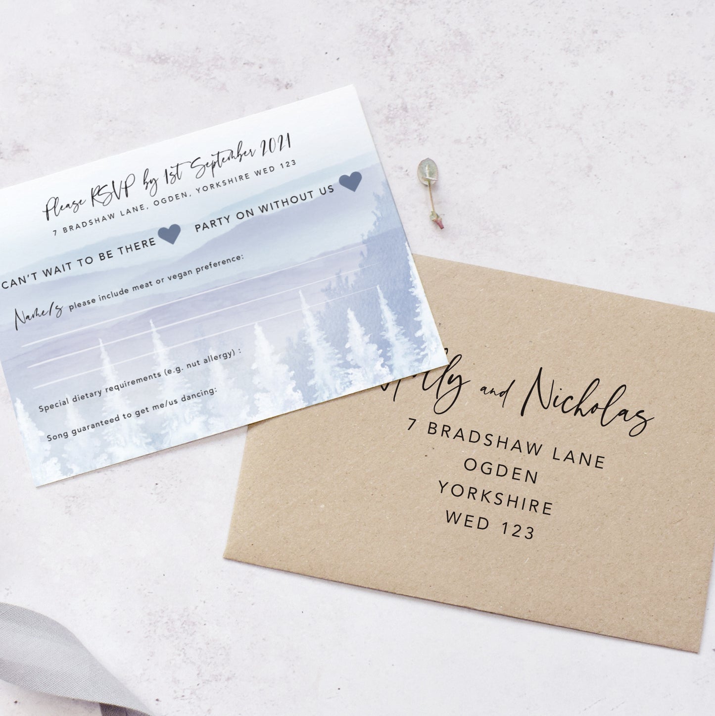 Winter wedding RSVP cards with printed envelopes